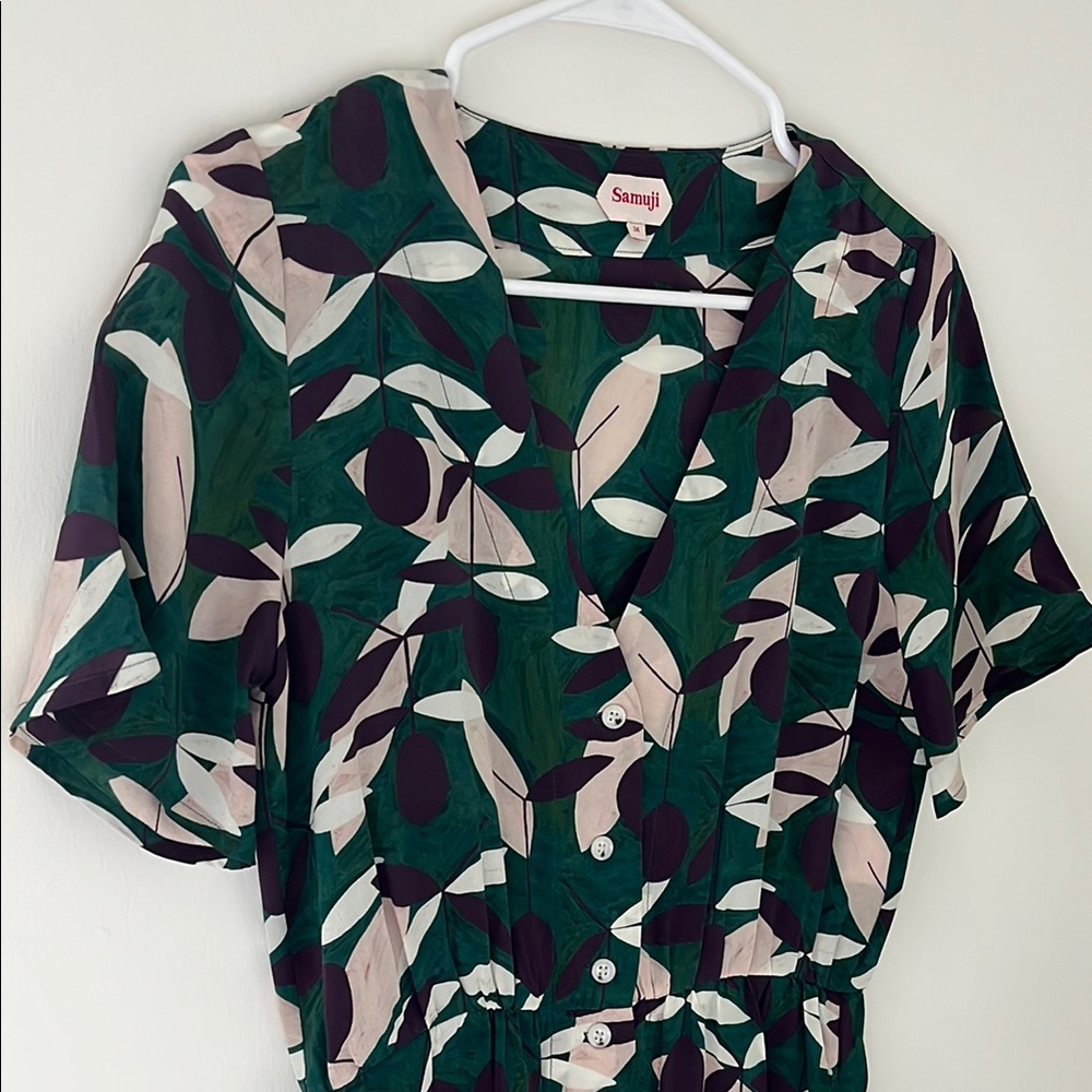 Samuji 100% Silk Green Leaf Print Dress
